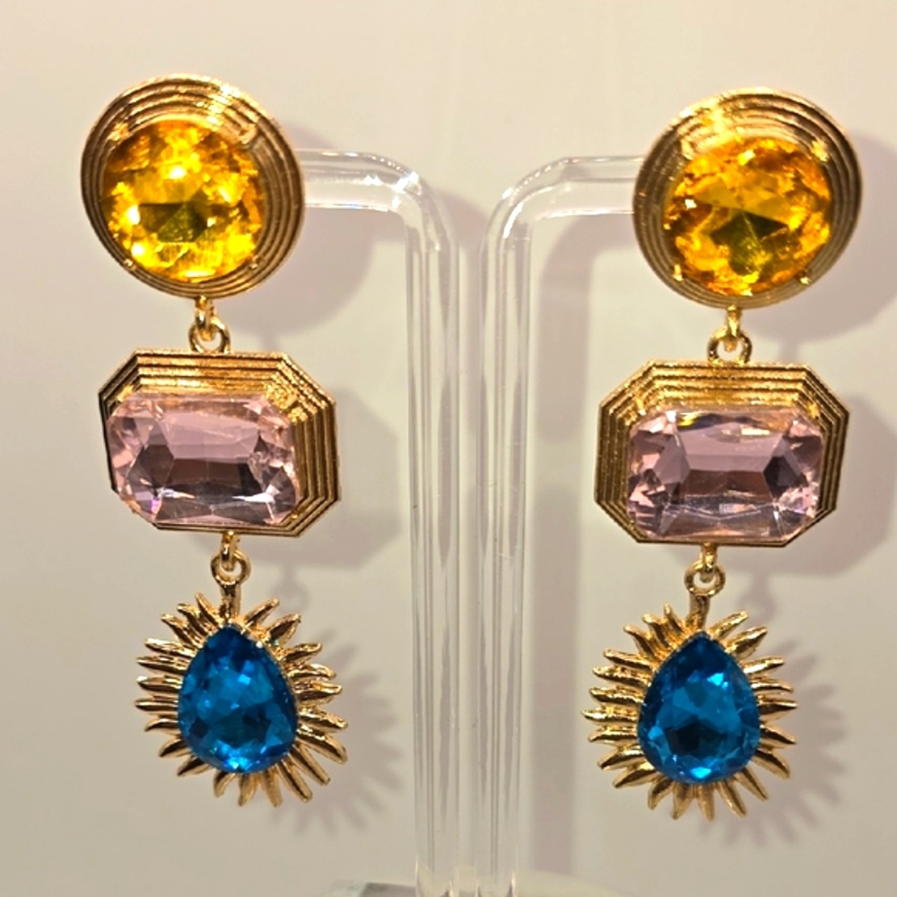 (120) New Blue Pink and Yellow Drop Earrings with Starburst Design
